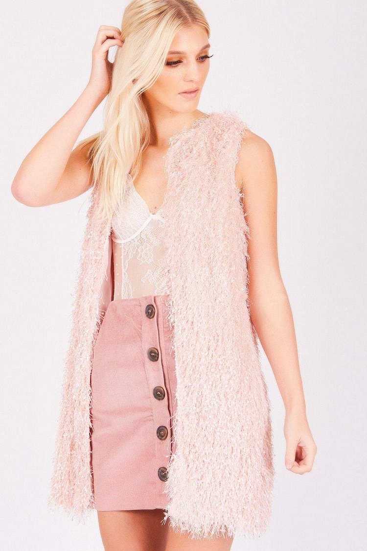 Baby Pink Fluffy Long-line Gilet Katch Me