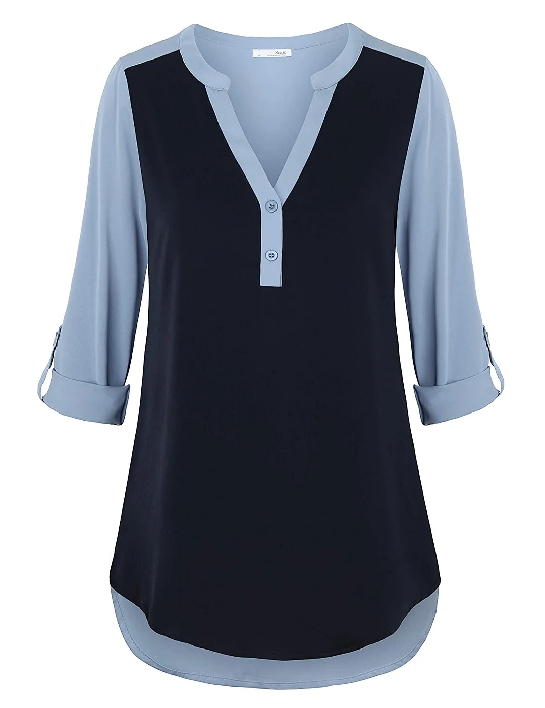 Women's Chiffon V Neck Blouse 3/4 Roll up Sleeve Button Down Shirt Tops for Women Spring Summer