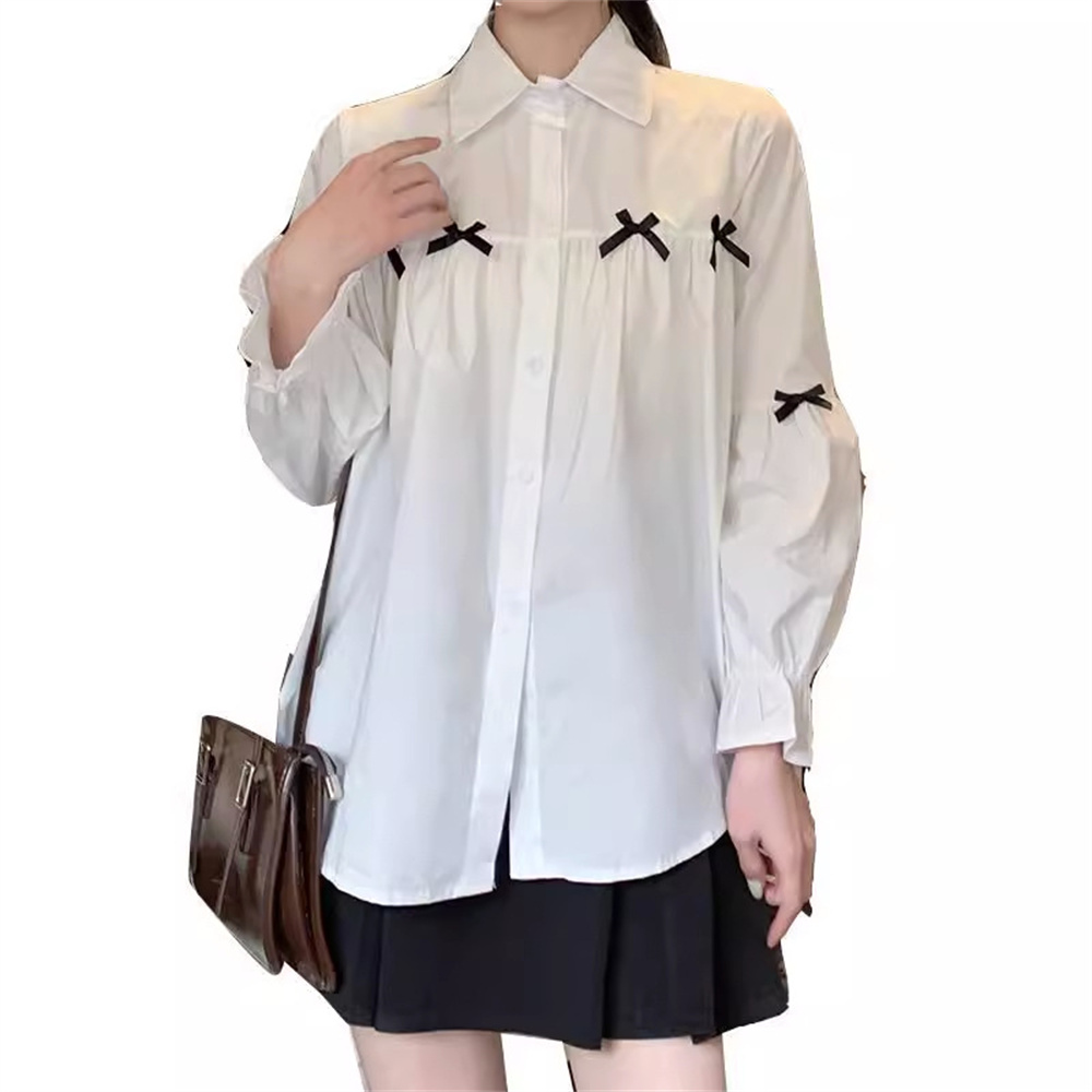 Ballifyex 2025 Women Autumn Elegant Korean Sweet White Shirt Spring Summer Flare Sleeve Loose Blouse Casual Turn Down Collar Loose Tops