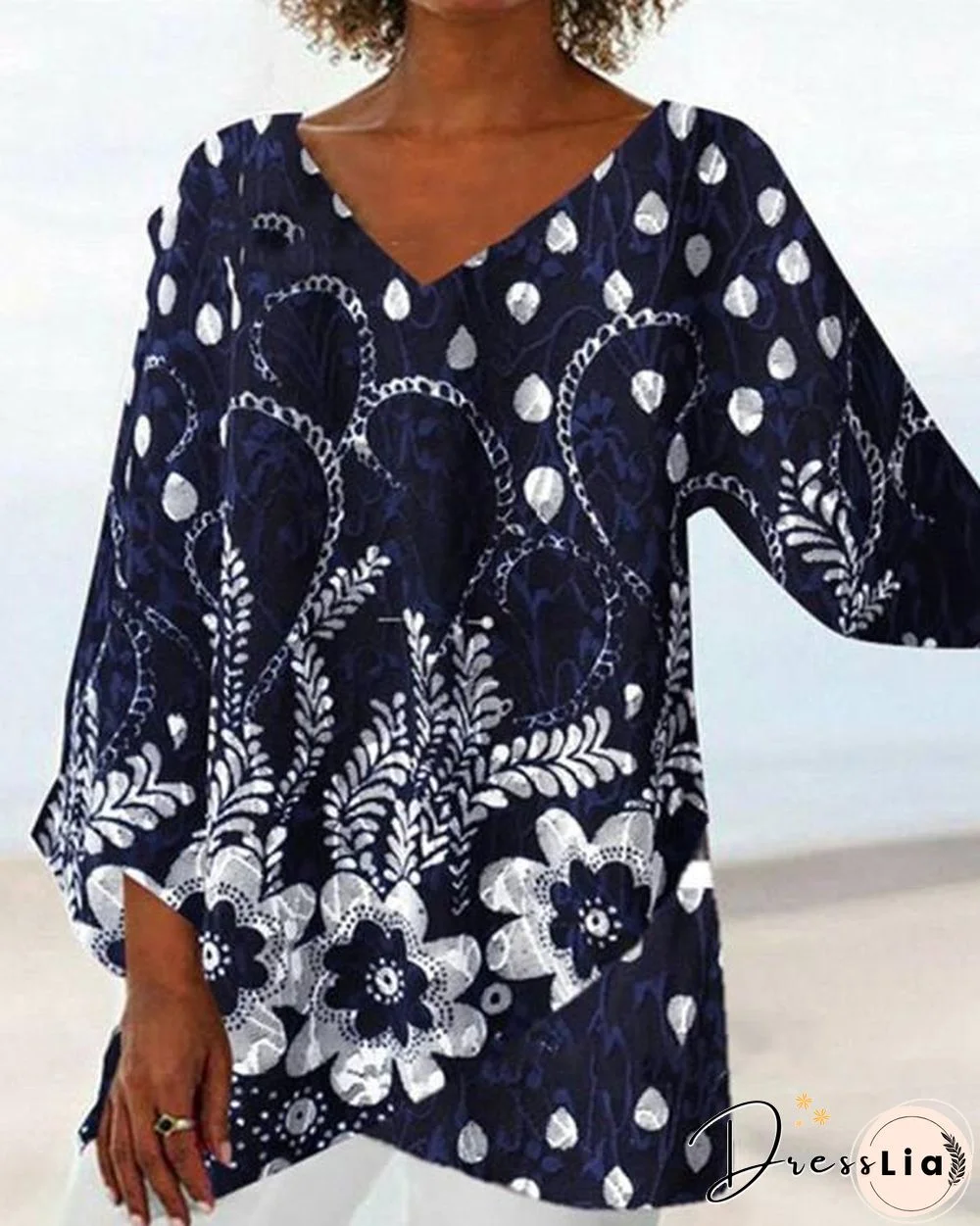 Plus Size Loose Solid Color Printed V Neck Blouse