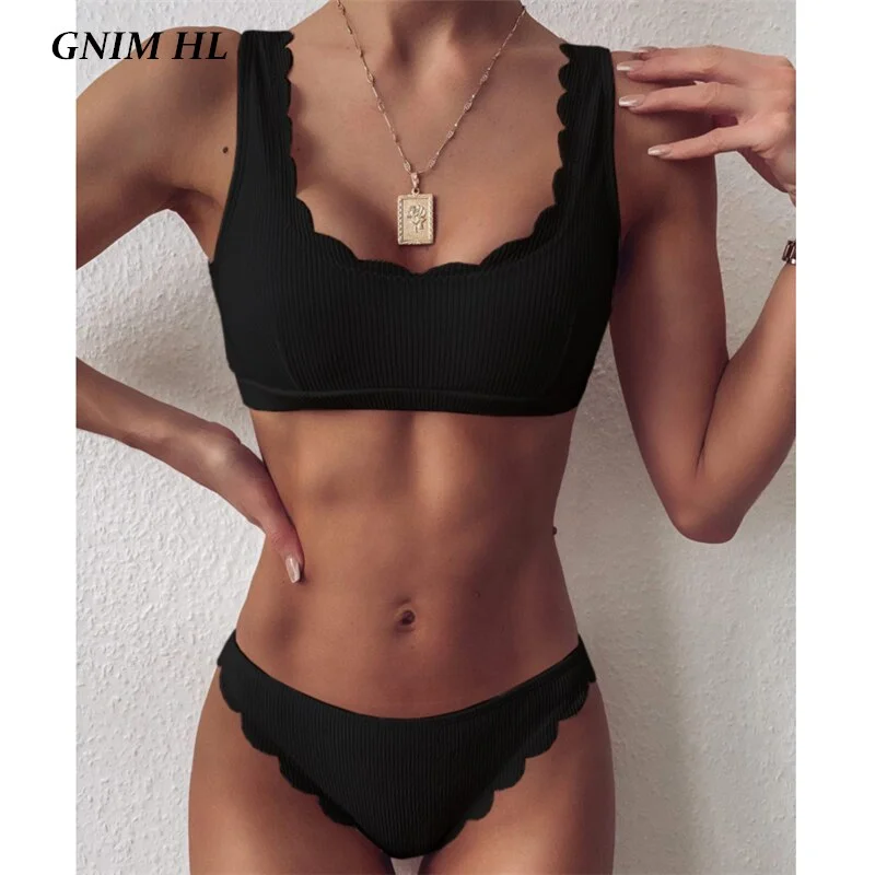 GNM Ruffle Bikini Swimwear Women 2020 Summer Solid Swim Bathing Suit Two Piece High Cut Swimsuit Women Push Up Beachwear Biquini
