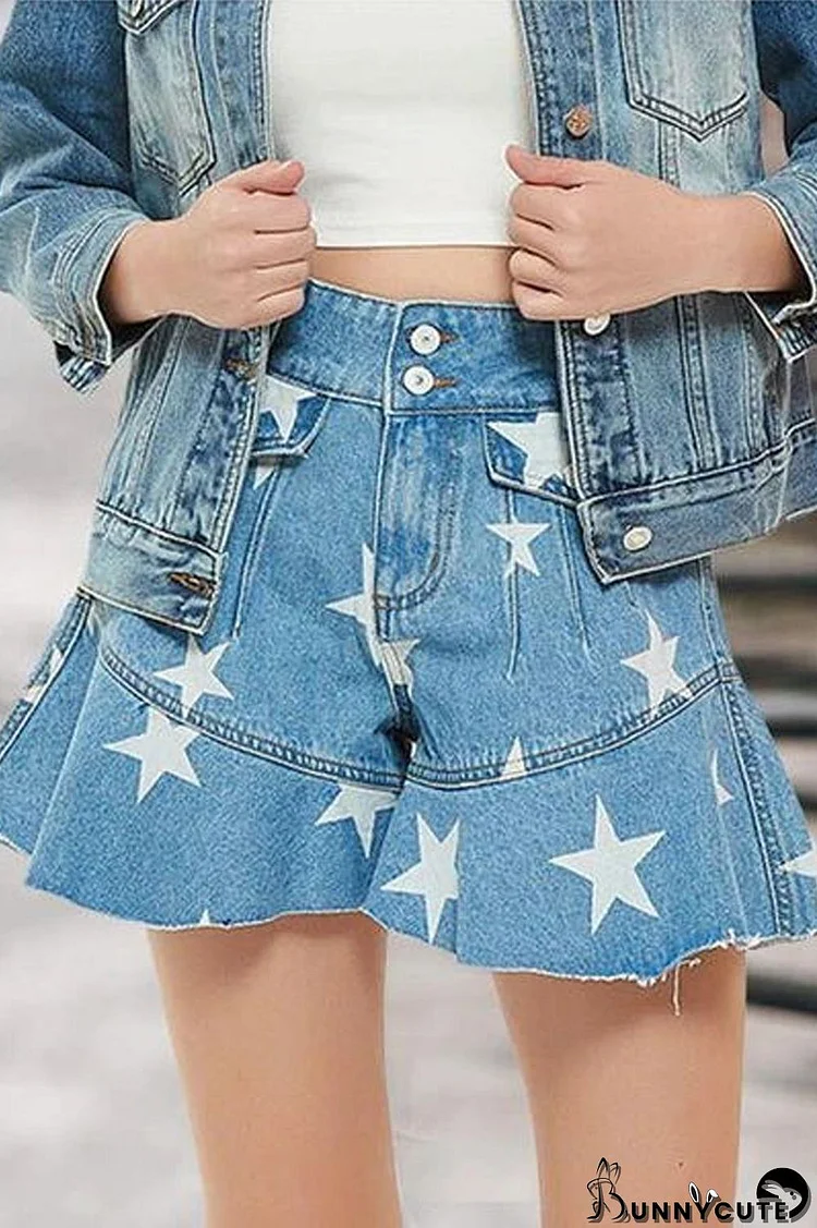 Denim Star Print Zipper Solid Shorts
