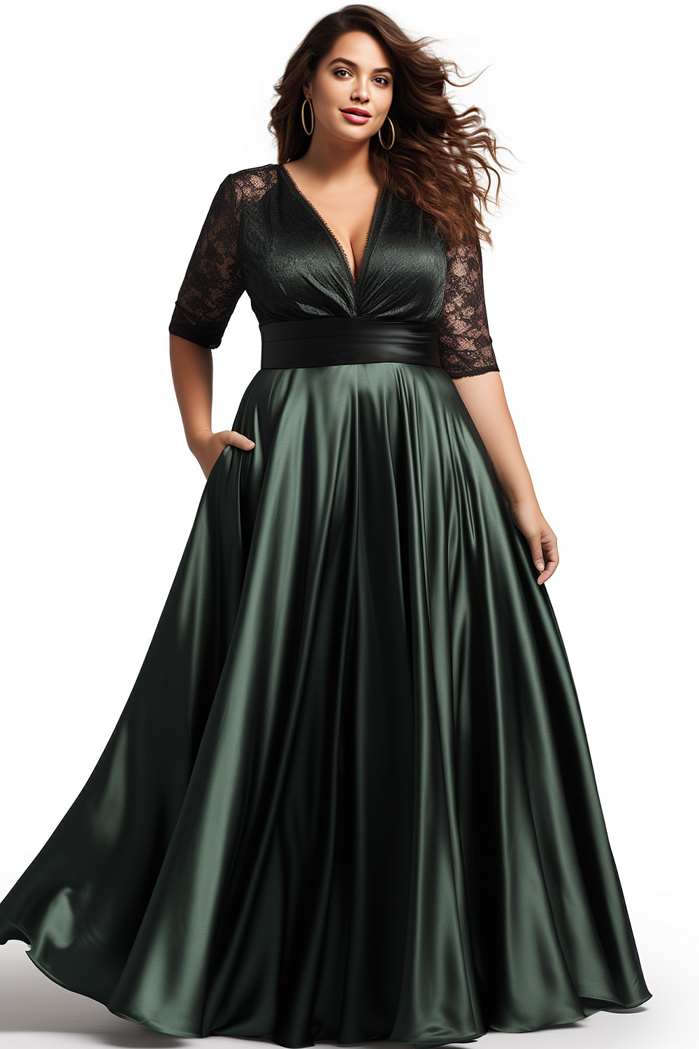 Flycurvy Plus Size Wedding Guest Dark Green Satin Lace Half Sleeve Maxi Dress