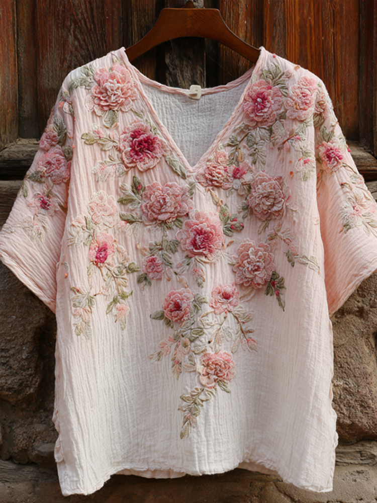 Pink Rose Art Gradient Cotton Linen V-neck Short Sleeve Top elevenforest