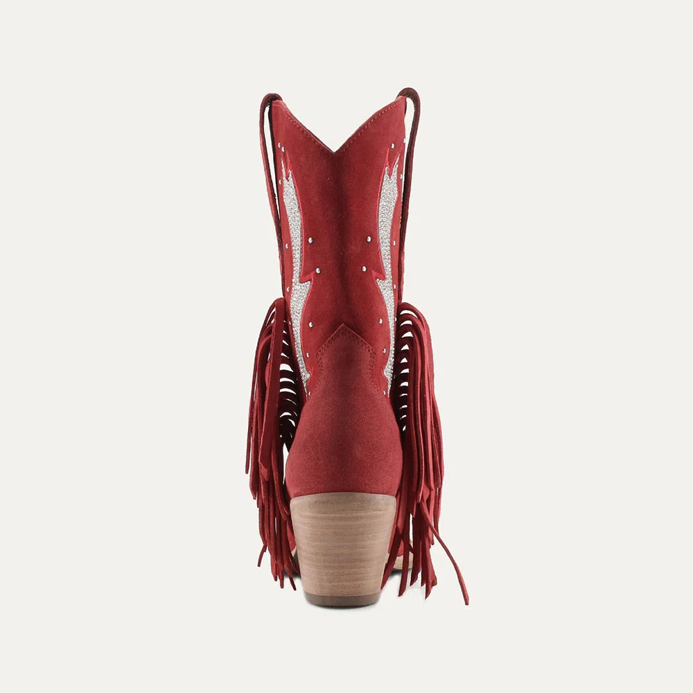 Red Vegan Suede Studded Snip Toe Rhinestone Wide Calf Cowgirl Boots