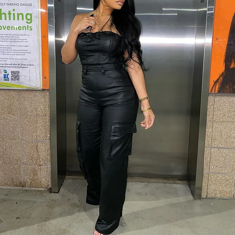 Sculpting PU Leather Cargo Jumpsuit – Off-Shoulder, Fitted Waist
