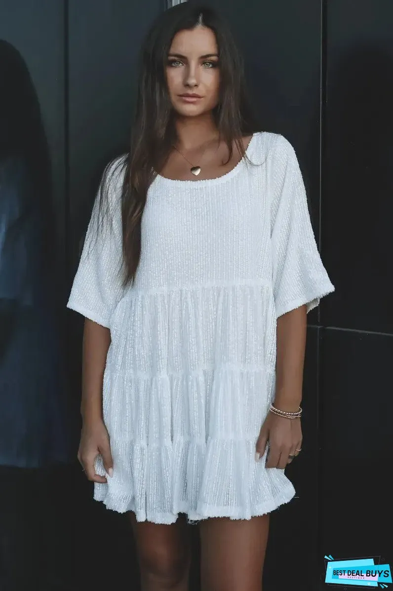 Color Fashionable Sequins Round Neck Loose Waist Sleeve Dresses