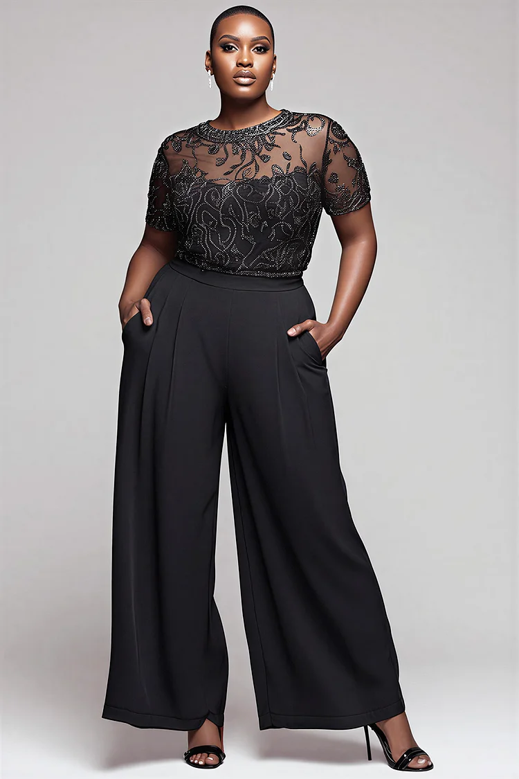 Xpluswear Design Plus Size Cocktail Party Elegant Black Round Neck Short Sleeve See Through Pocket Chiffon Jumpsuits [Pre-Order] 2024 - Xpluswear