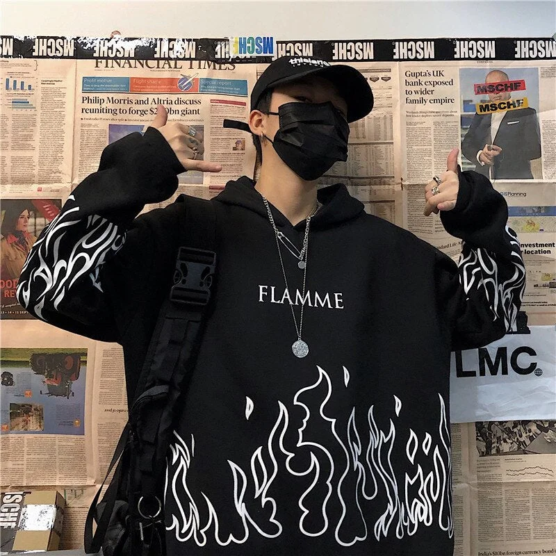Harajuku Oversized Hooded Sweatshirts Flame Print Hoodies Women Autumn Winter Streetwear Hip Hop Fashion Long Sleeve Pullovers