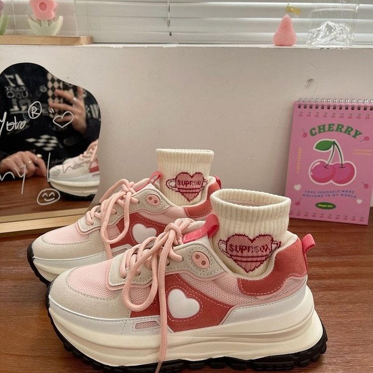 Love Heart Pink Color Block Sneakers - Gotamochi Kawaii Shop, Kawaii Clothes