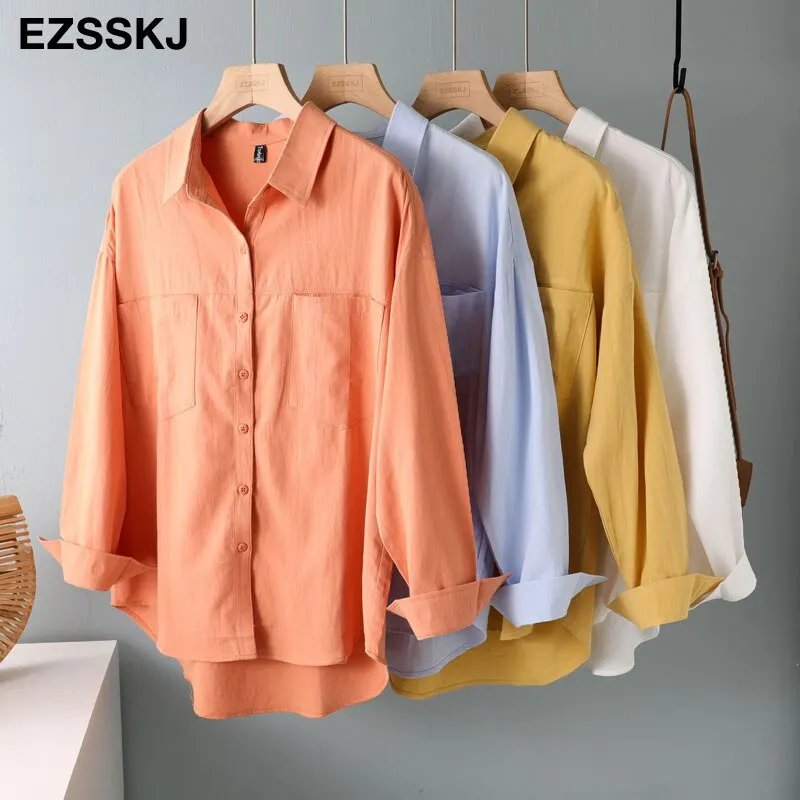 2021 new chic casual loose cotton blouse shirt women female white blouse shirt  spring summer women oversize shirt top