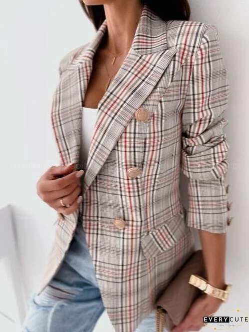 Blazers Plaid Double-Breasted Long Sleeve Blazer for Women