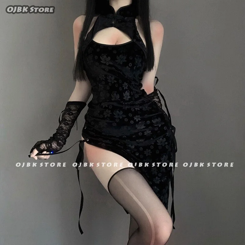 Sexy Cosplay Costume Black Cheongsam Erotic Anime Ladies Babydoll Dress Women Lace Outfit Fancy Slim Fit Open Chest Uniform