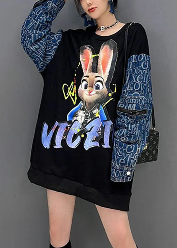 Modern Black Patchwork Rabbit Print Cotton Sweatshirt Streetwear