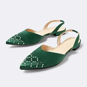 Green Satin Crystal Embellished Pointed Toe Flats Slingback