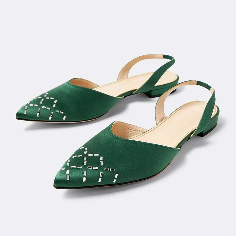 Green Satin Crystal Embellished Pointed Toe Flats Slingback Shoes |FSJ Shoes