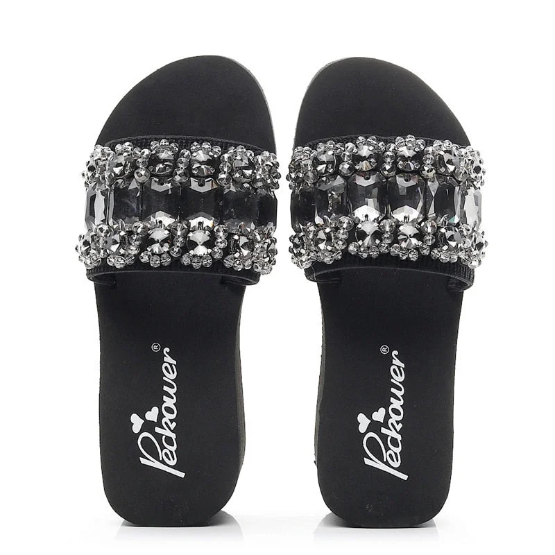 3-6cmHigh Heel Women's Summer Rhinestone Ladies Flip Flops Fashion Vacation Beach Shoes Non Slip Slip House Slippers ShoesWomen