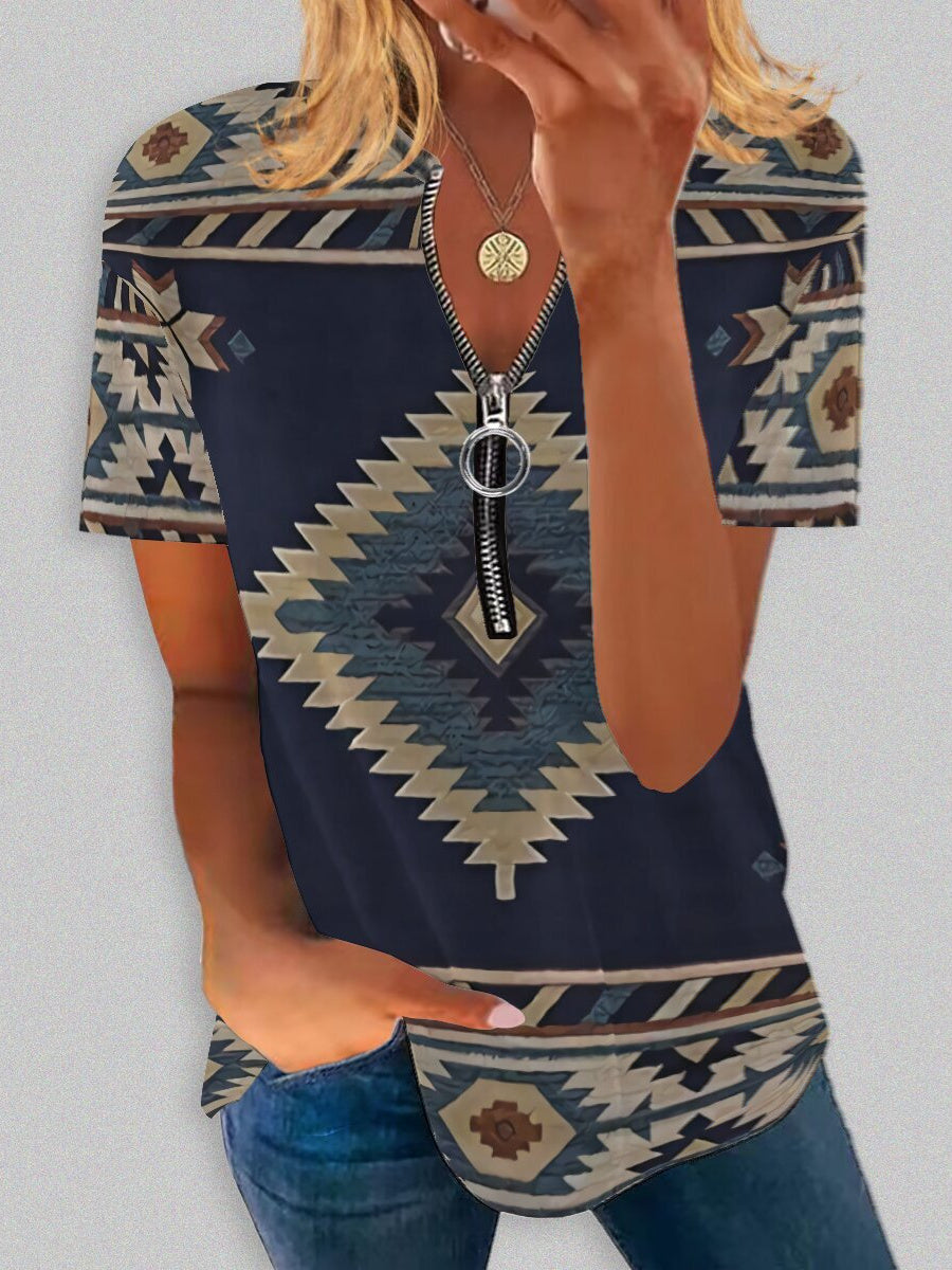 Women's Summer V-neck Zipper Print Fashion Casual Short Sleeve Top