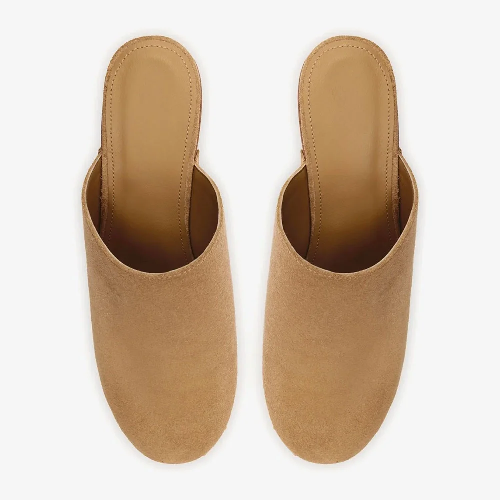 Vegan Suede Closed Round Toe Platform Studded Heeld Mules in Tan