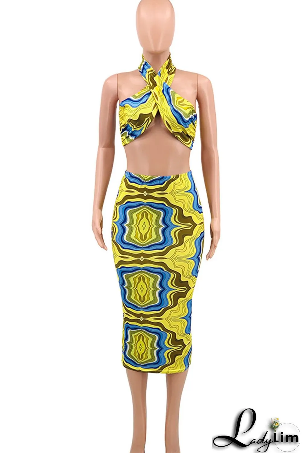 Royal Blue Sexy Print Patchwork Halter Plus Size Two Pieces