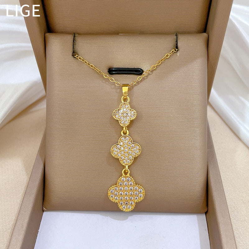 Four-Leaf Flower Personality Fashion Gorgeous Full Diamond Necklace Female Versatile Clavicle Chain Titanium Steel