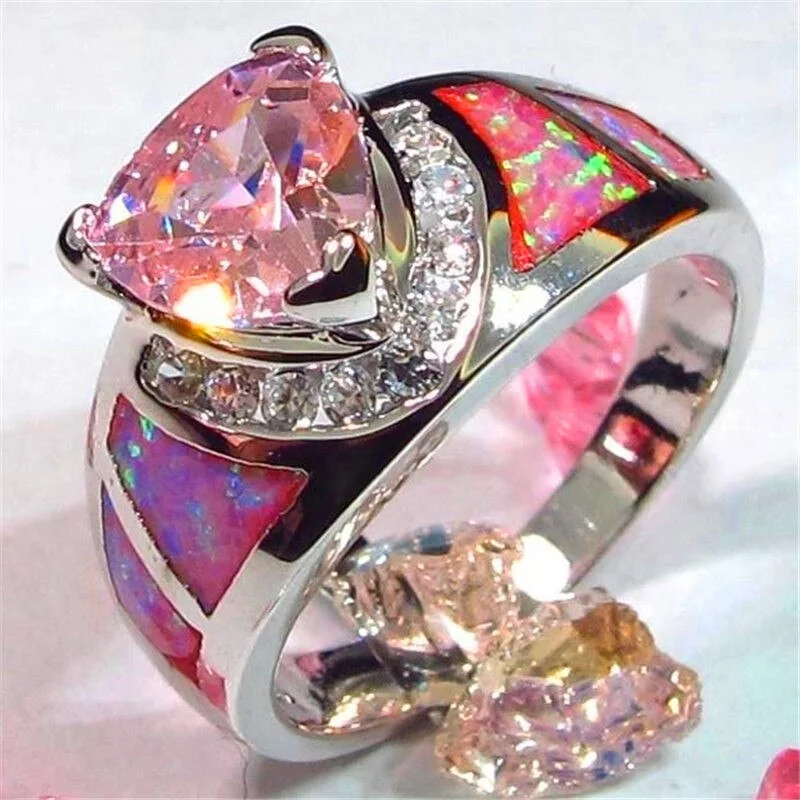 Unique Style Female Pink Fire Opal Ring Silver Color Triangle Ring Wedding Band Promise Engagement Rings For Women
