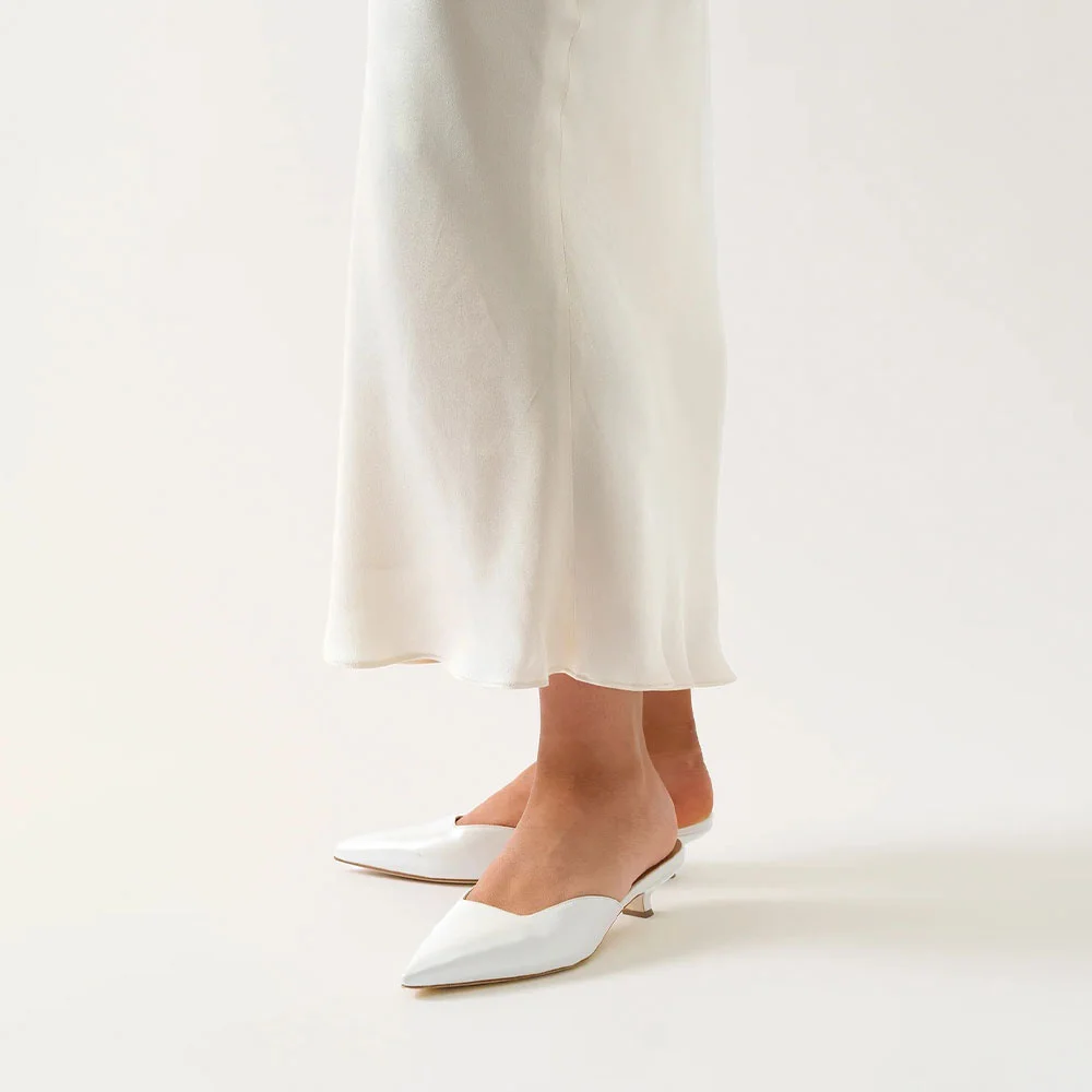 White Faux Leather Pointed Toe Square Cut Slip On Mule Kitten Heels
