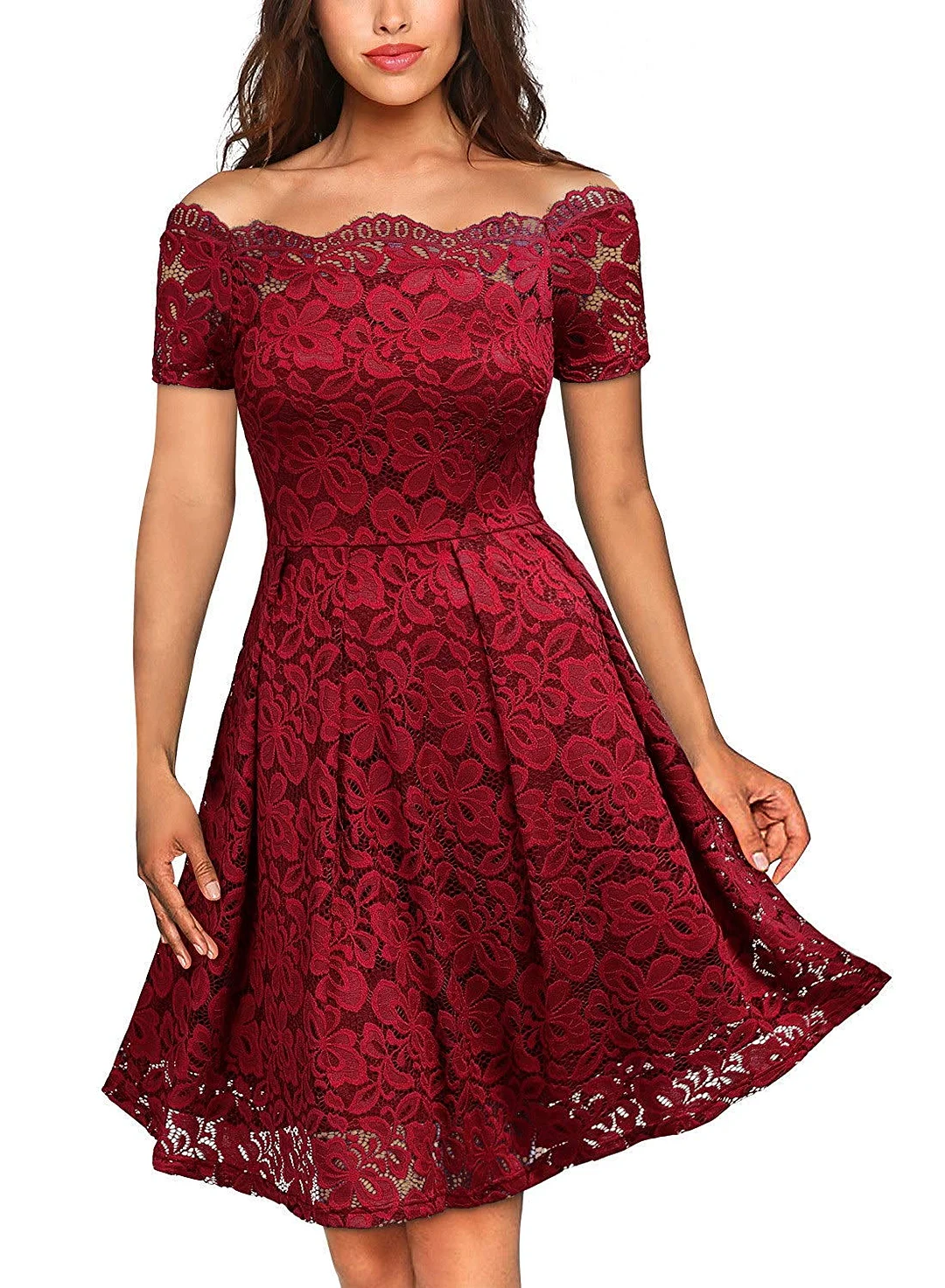 Party Swing Dress Women's Vintage Floral Lace Short Sleeve Boat Neck Cocktail Party Swing Dress