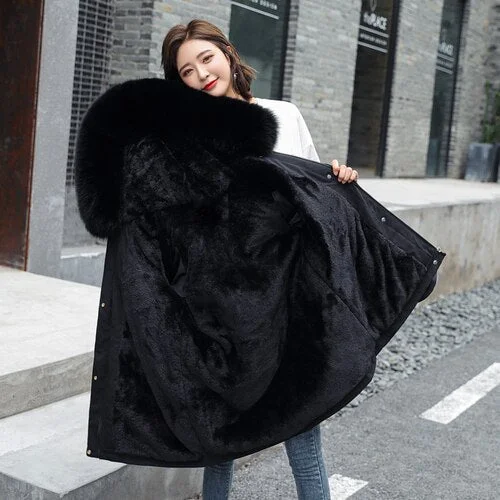 FTLZZ Large Fur Collar Hooded Jacket Winter Coat Women Thickness Cotton Padded Overcoat -30 Degree Snow Outwear Fur Lining Parka