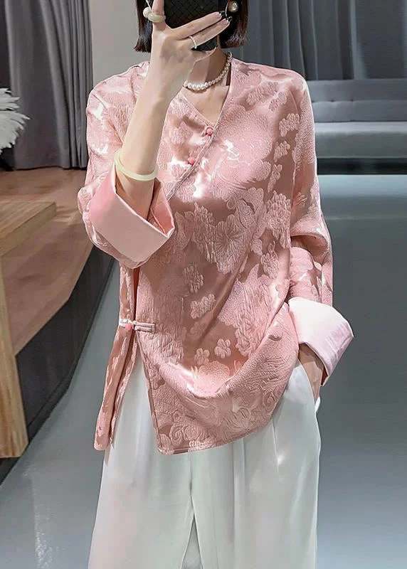 Jacquard Pink V Neck Button Side Open Silk Shirts Long Sleeve