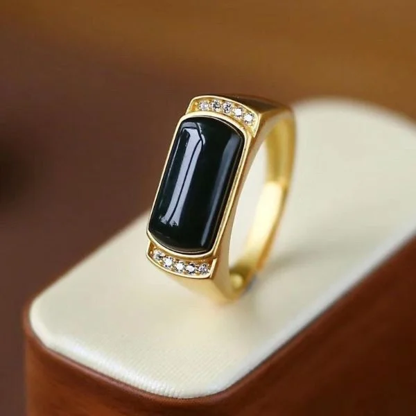 Natural Black Obsidian Sand Gold Amulet Ring