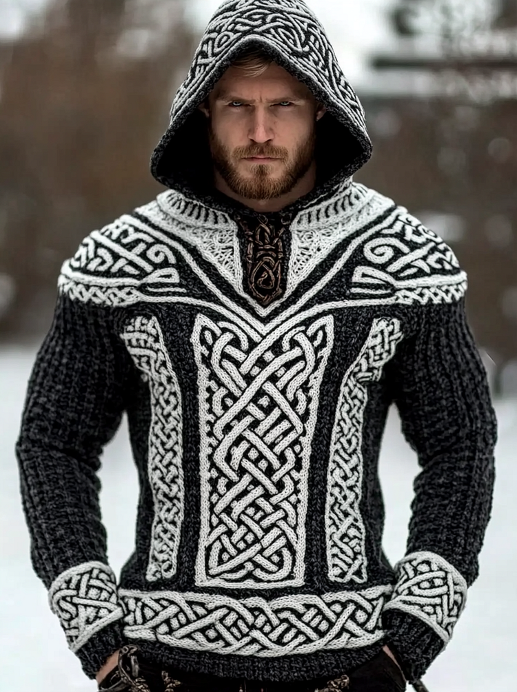 Men's Viking Tribal Jacquard Celtic Hooded Sweater