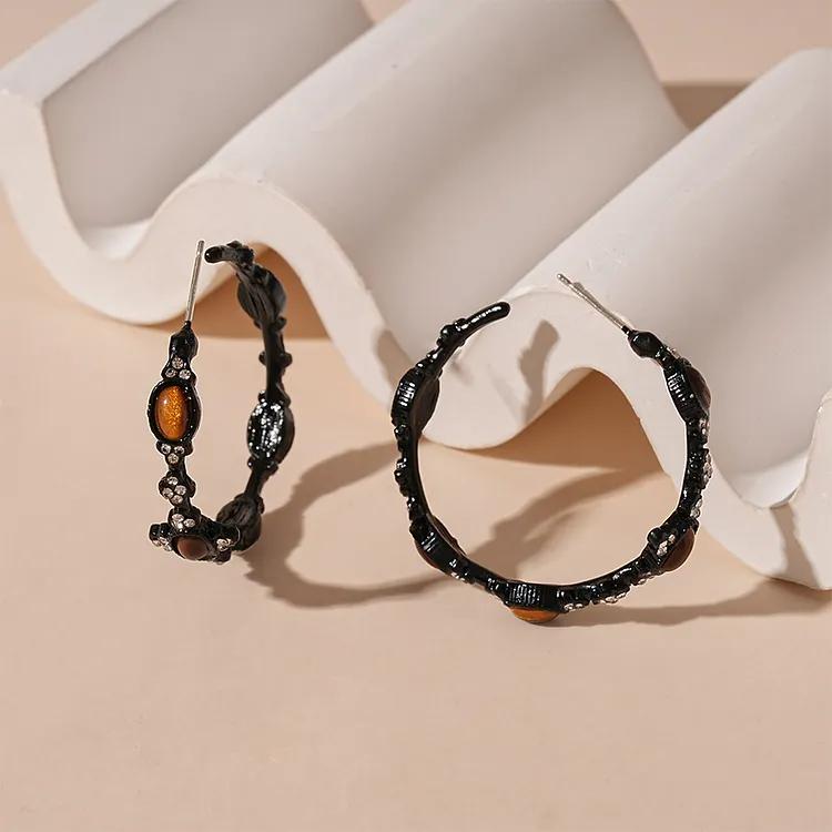 Tiger Eye Stone Retro Geometric Oval C-Shaped Earrings | Silver Needle Studs