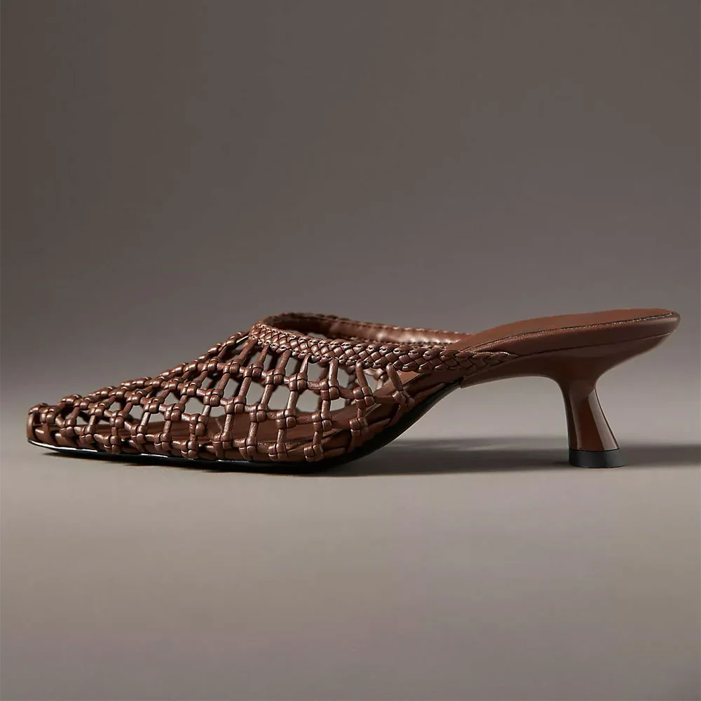Brown Pointed Toe Braided Knotted Flared Heel Mules for Women