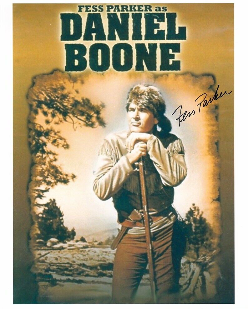 FESS PARKER signed DANIEL BOONE 8x10 w/ coa LONG RIFLE AND COONSKIN CAP CLOSEUP