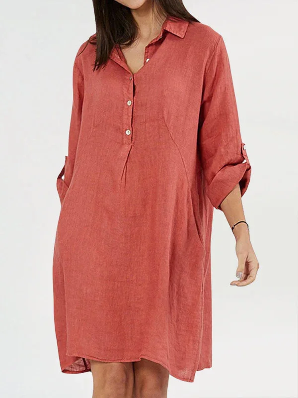 Cotton Linen Solid Loose Shirt Dress