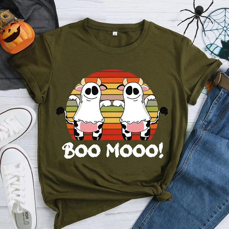 Boo Mooo Halloween Round Neck T-shirt-0019070