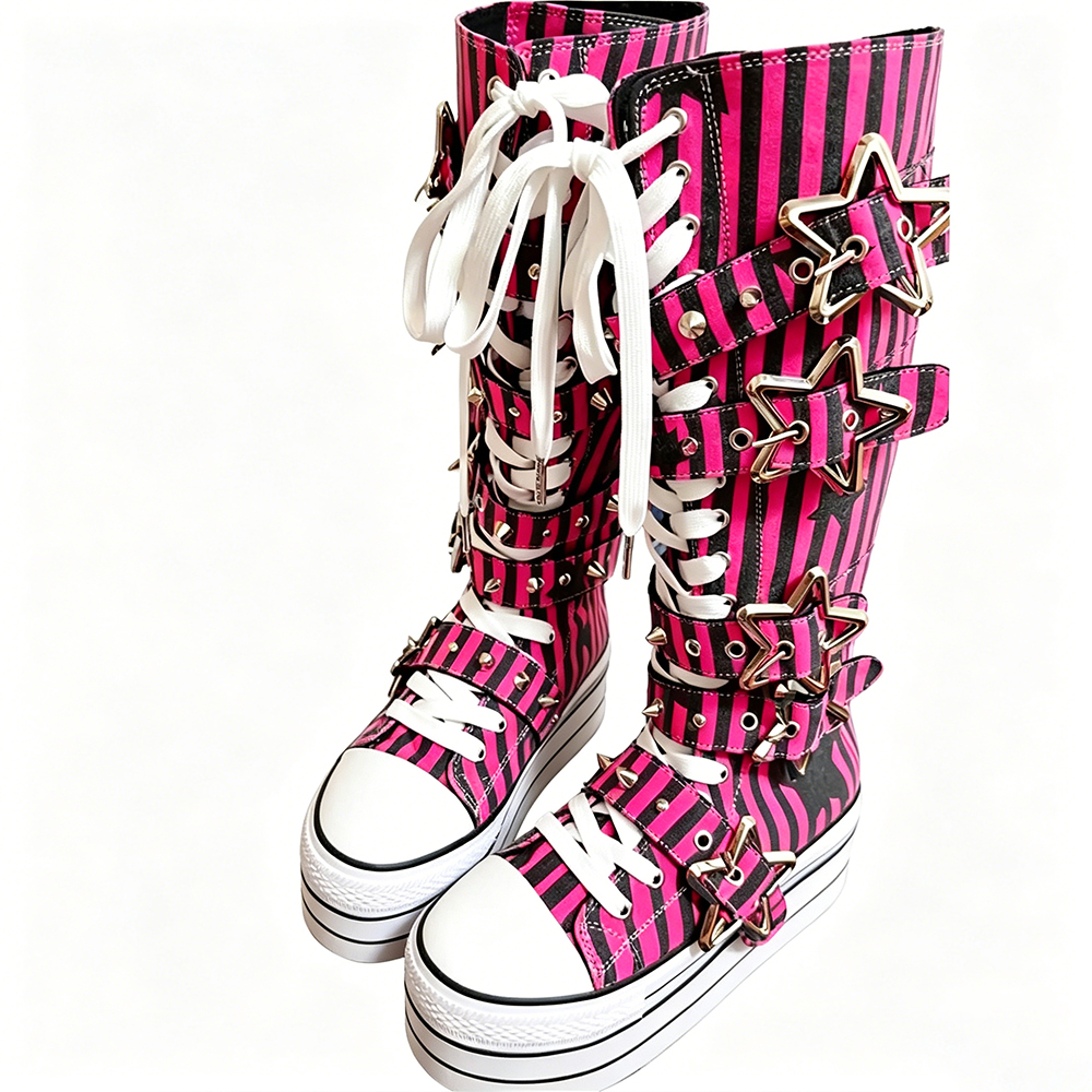 Black Striped Platform Long Canvas Shoes Girl's Sweet Metal Star Belt Buckle Lace-up Boots Fashion Round Toe Cool Lolita Shoes  highheelher