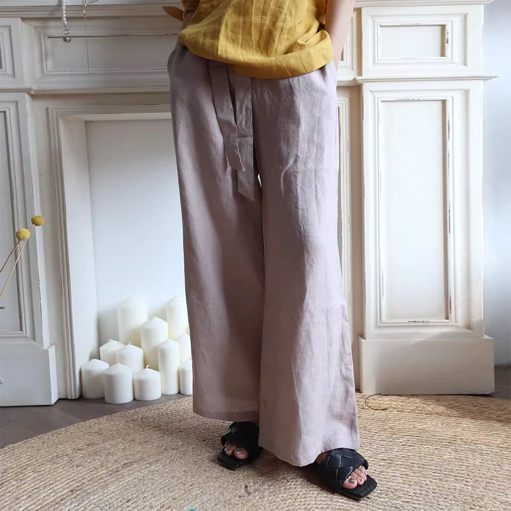 Linen Pants Women 100% Linen Wide Leg Drawstring Trousers REAL SILK LIFE
