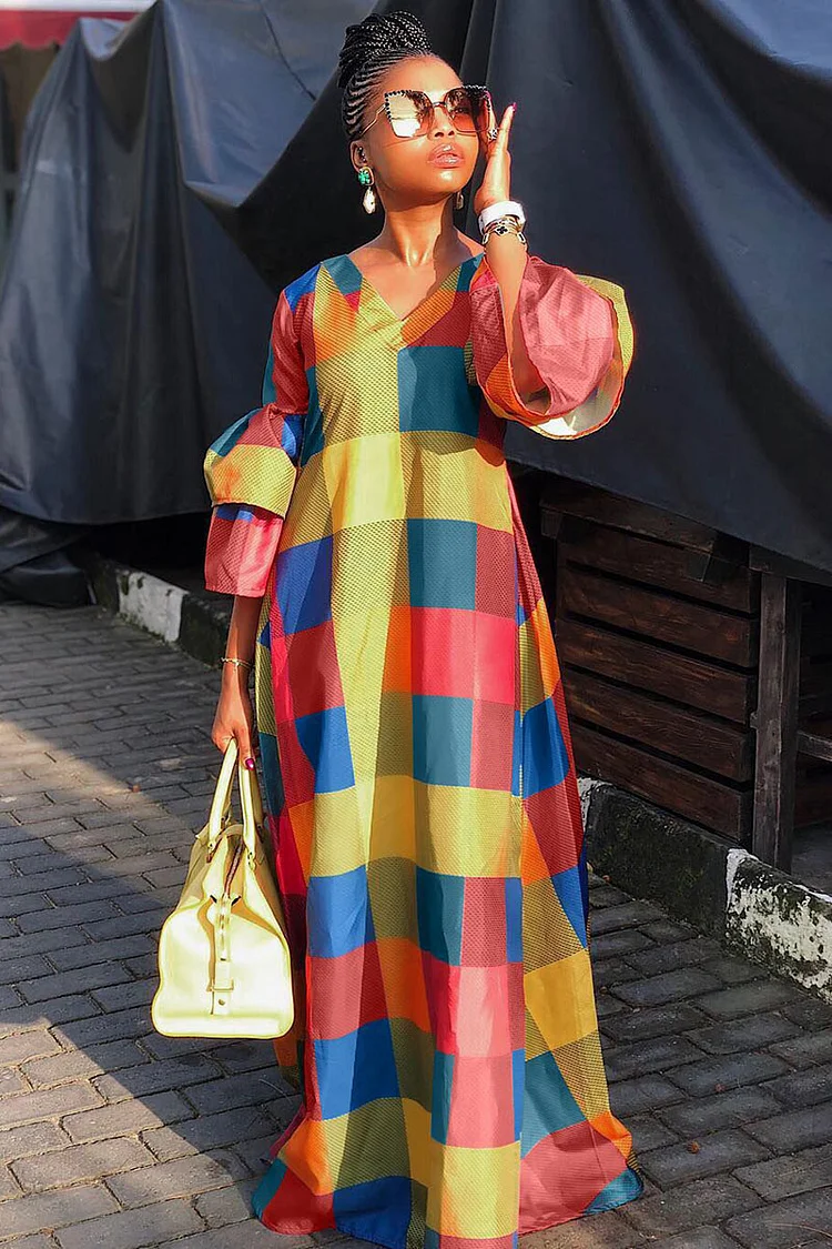 Multicolor Plaid Print V Neck Lantern Sleeve Maxi Dresses