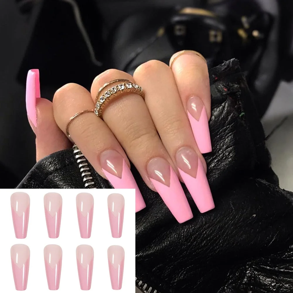 24pcs Detachable French Pink Coffin False Nails With Designs Wearable Ballerina Fake Nails Full Cover Nail Tips Press On Nails-Nail Inspo