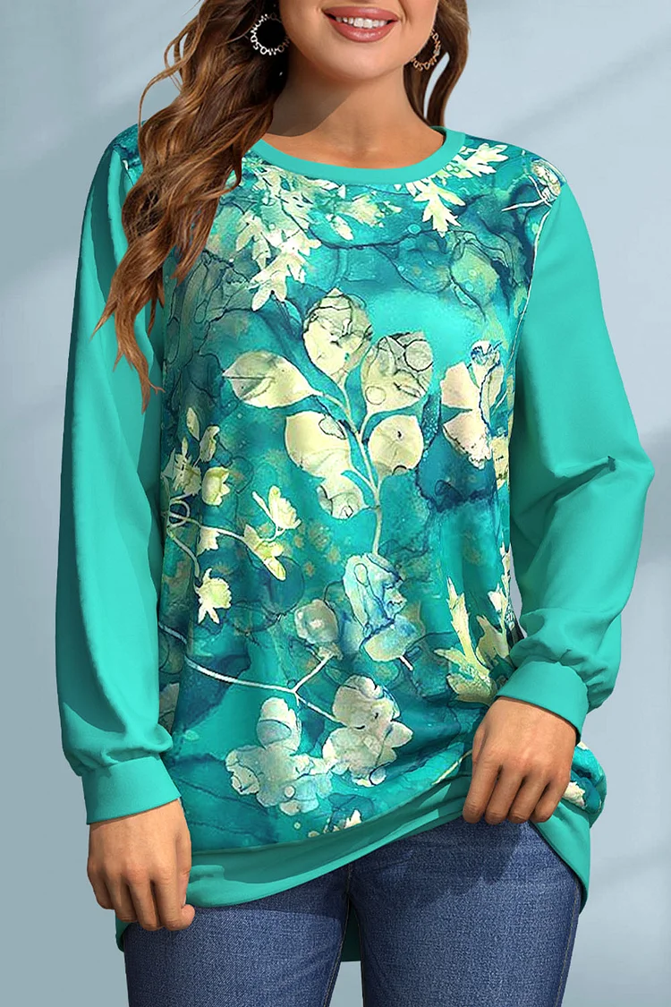 Flycurvy Plus Size Casual Green Floral Print Long Sleeve Sweatshirt  Flycurvy [product_label]
