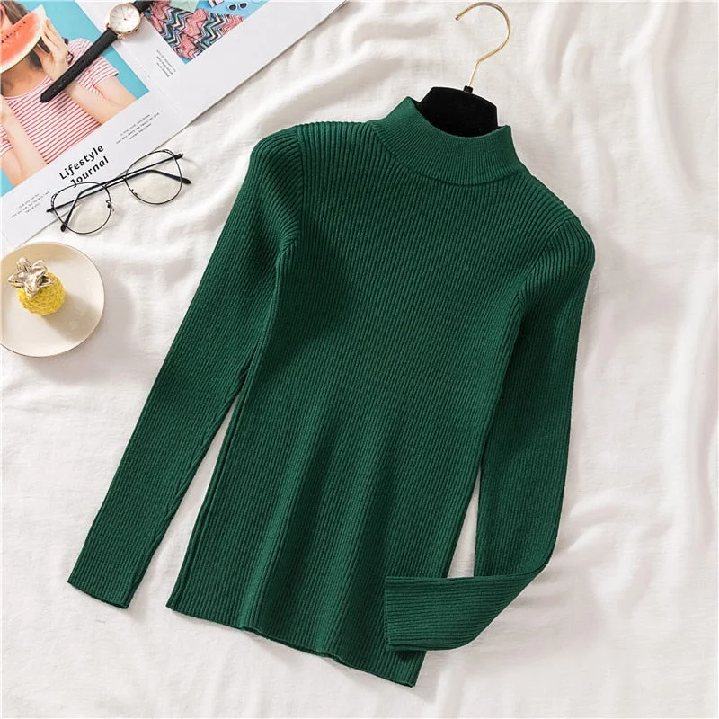 Zoki Autumn Women Pullover Sweater Half Turtleneck Long Sleeve Knitted Jumper Winter Elastic Solid Basic Ladies Blouse New 2021