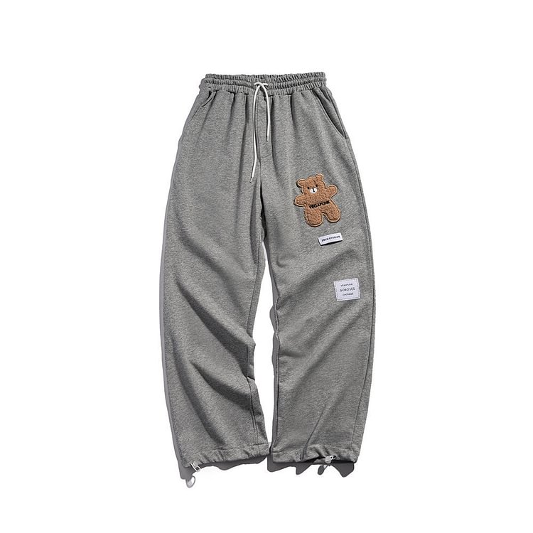 Cartoon Bear Embroidery Sweatpants Men's Ankle Banded Pants Trendy Elastic Waist Casual Trousers Large Size Retro Sports Men Pants