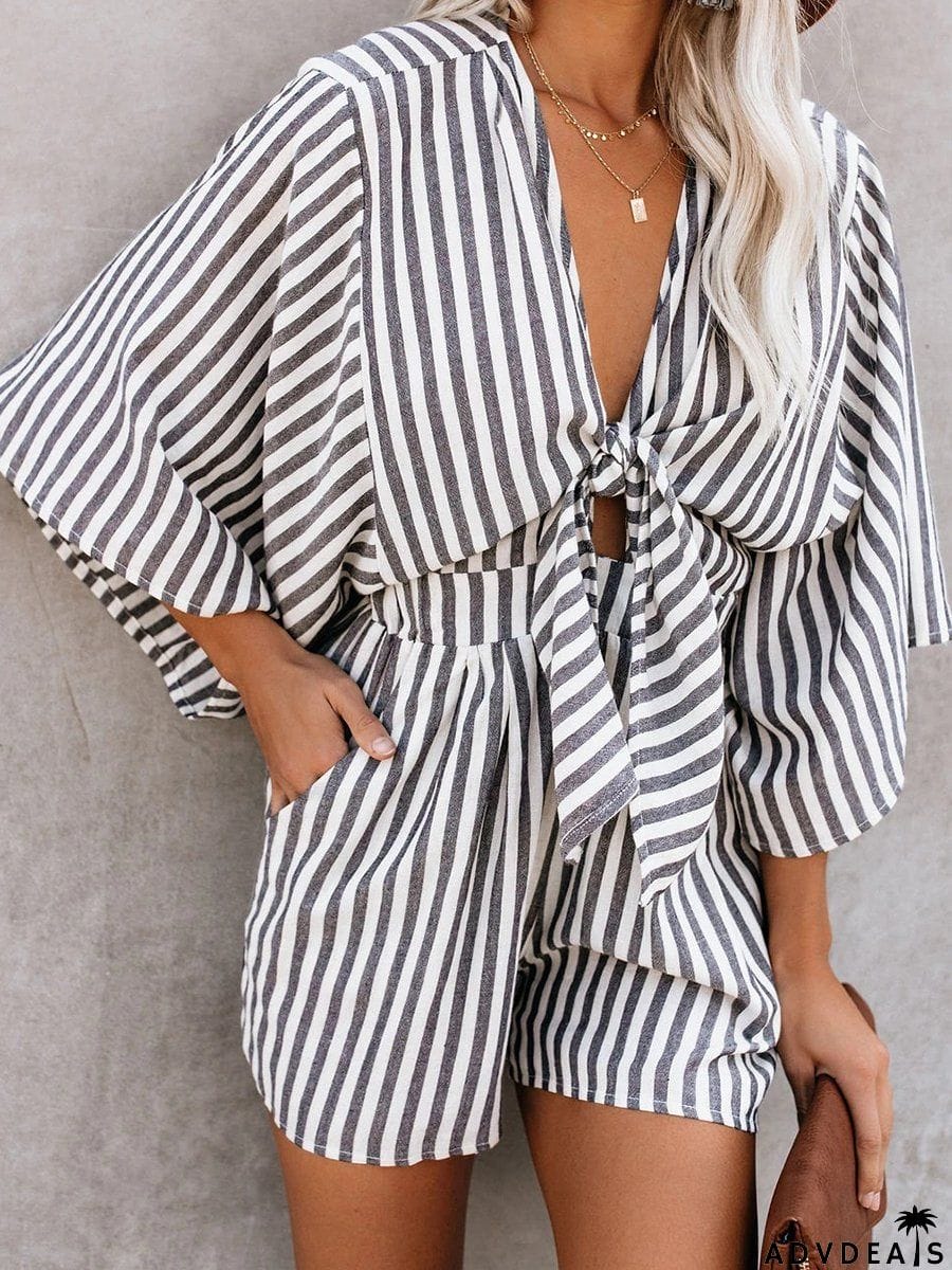 Printed Knotted Flared Sleeve Rompers