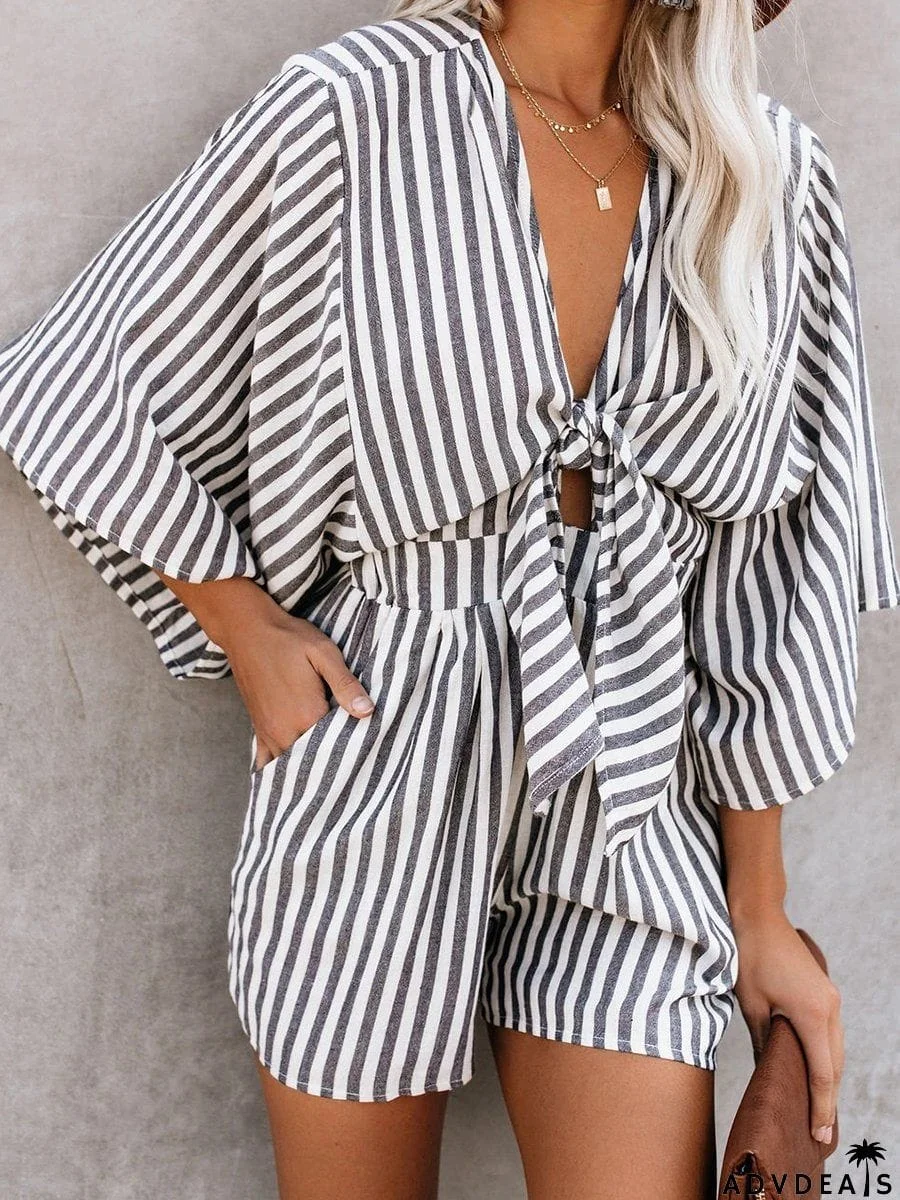 Printed Knotted Flared Sleeve Rompers