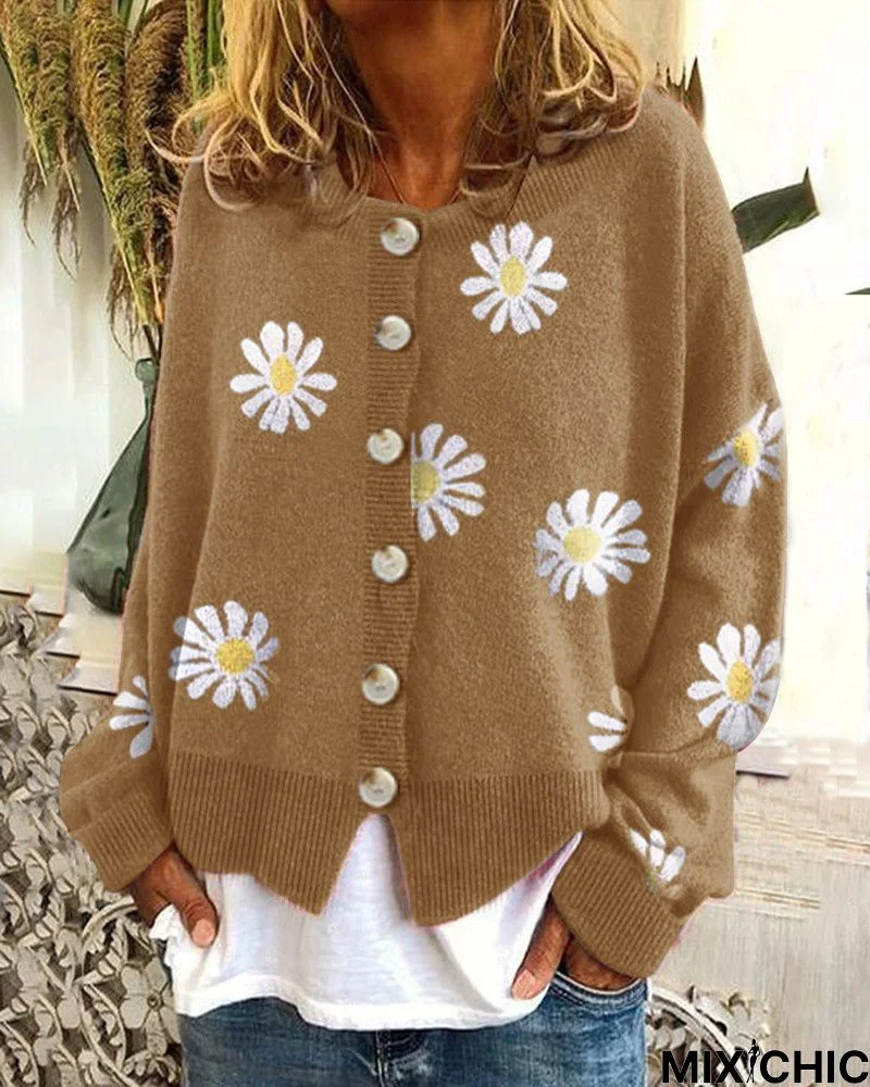 Casual Floral Shift V Neck Sweater coat