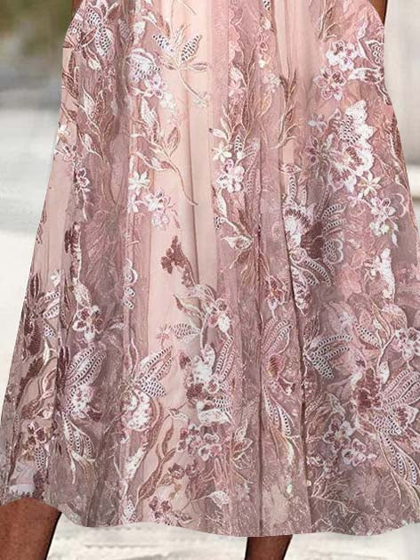 Women's 3/4 Sleeve Scoop Neck Floral Printed Lace Stitching Midi Dress