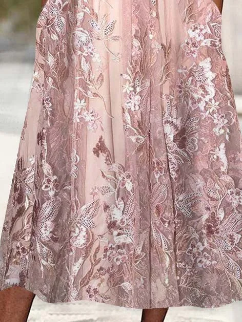 Women's 3/4 Sleeve Scoop Neck Floral Printed Lace Stitching Midi Dress