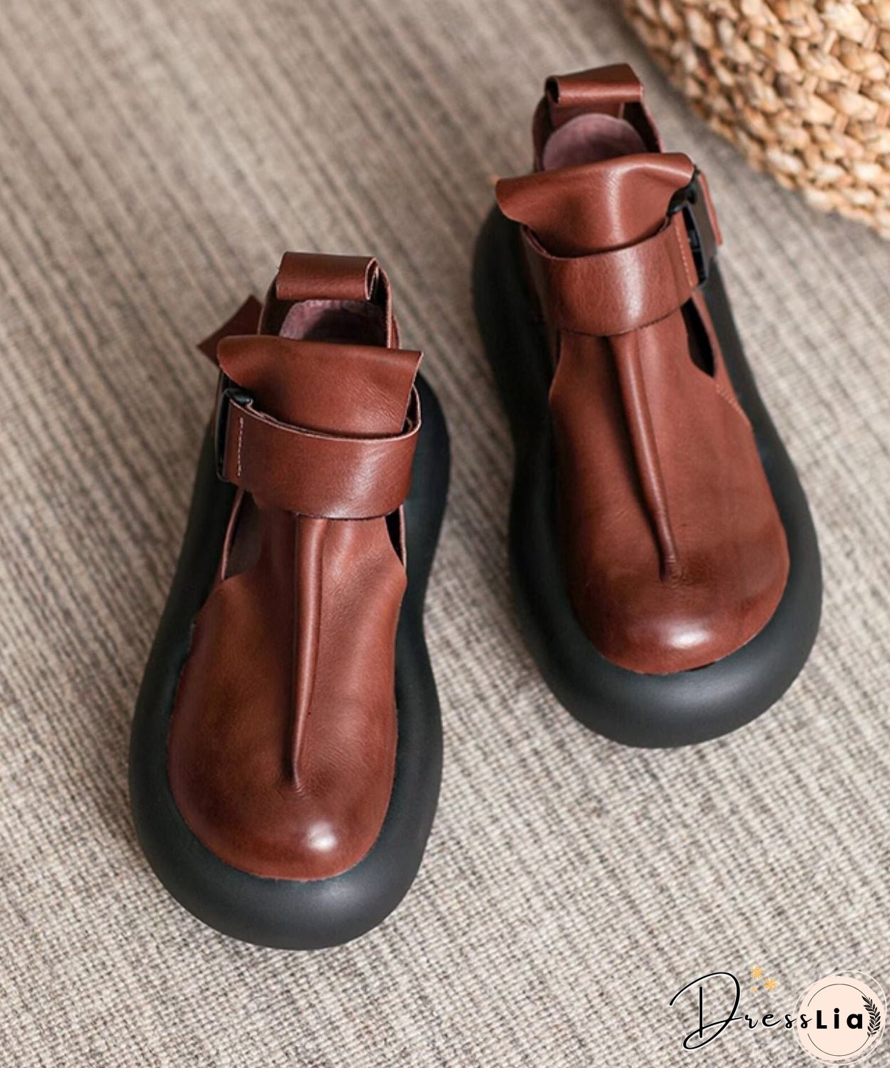 Soft Brown Cowhide Buckle Strap Splicing Leather Loafer Shoes